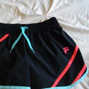 Women's Fila Sport running shorts, XS, black with teal and hot pink trim.